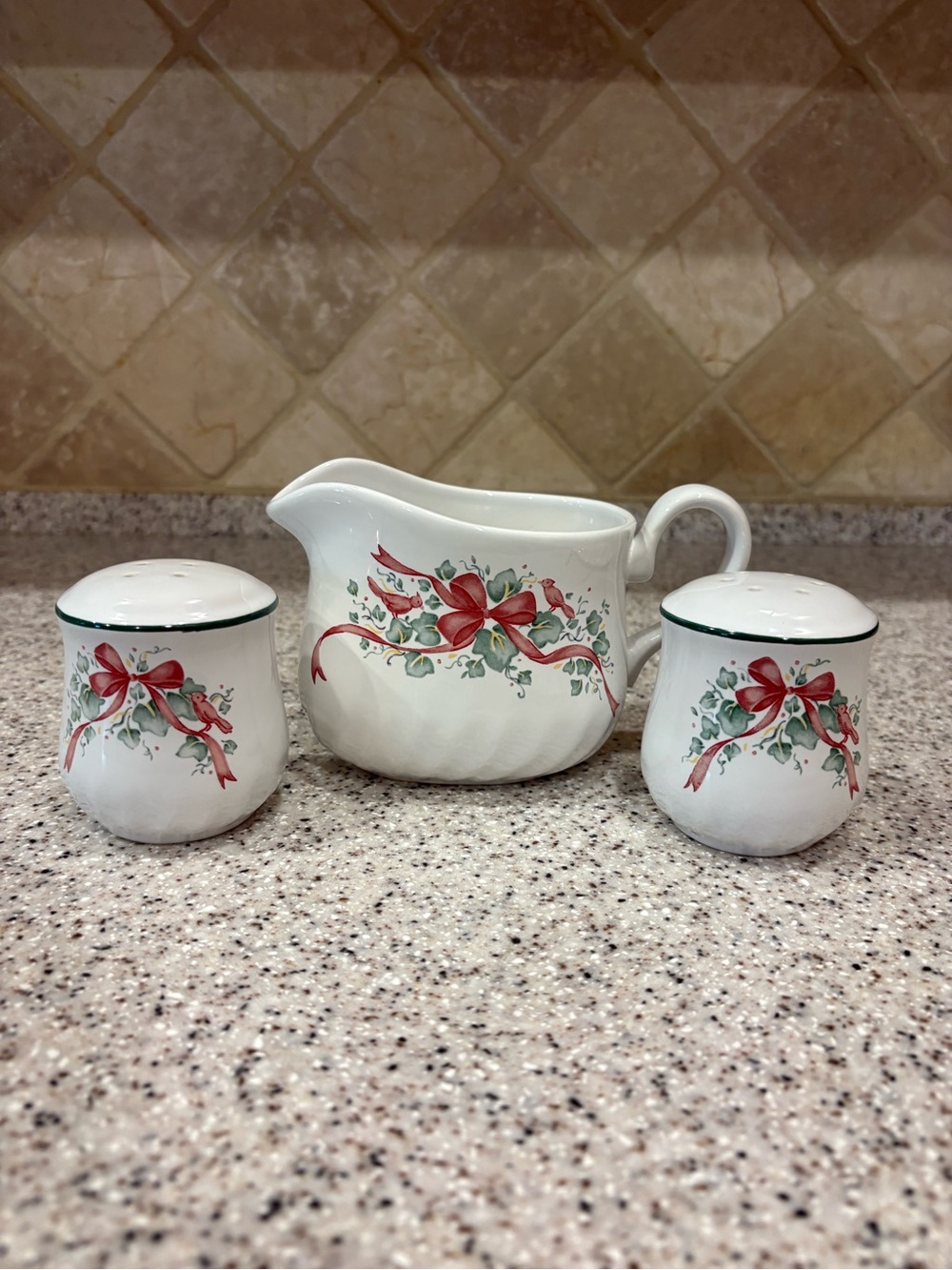 Corelle Callaway Holiday gravy boat and salt and pepper shaker set